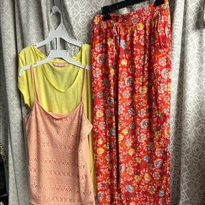 Colorful Floral wide leg lounge pants with pockets. Yellow and Peach Tops